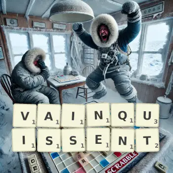 Illustration créative d'un jeu de lettres avec le mot VAINQUISSENT épelé sur le plateau.