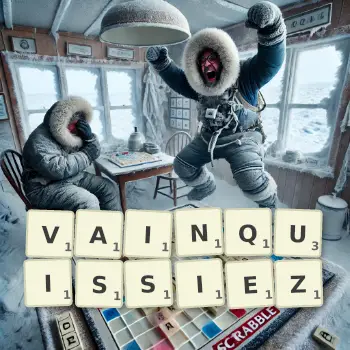Illustration créative d'un jeu de lettres avec le mot VAINQUISSIEZ épelé sur le plateau.