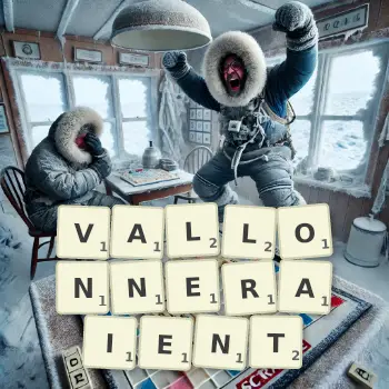 Illustration créative d'un jeu de lettres avec le mot VALLONNERAIENT épelé sur le plateau.