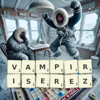 Illustration créative d'un jeu de lettres avec le mot VAMPIRISEREZ épelé sur le plateau.