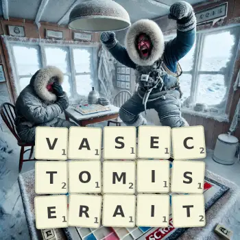 Illustration créative d'un jeu de lettres avec le mot VASECTOMISERAIT épelé sur le plateau.