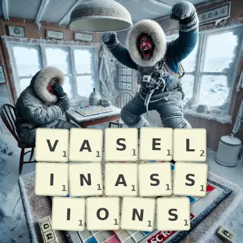 Illustration créative d'un jeu de lettres avec le mot VASELINASSIONS épelé sur le plateau.
