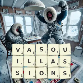 Illustration créative d'un jeu de lettres avec le mot VASOUILLASSIONS épelé sur le plateau.