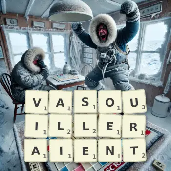 Illustration créative d'un jeu de lettres avec le mot VASOUILLERAIENT épelé sur le plateau.