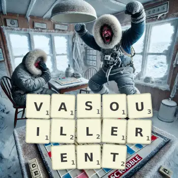 Illustration créative d'un jeu de lettres avec le mot VASOUILLERENT épelé sur le plateau.