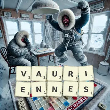 Illustration créative d'un jeu de lettres avec le mot VAURIENNES épelé sur le plateau.
