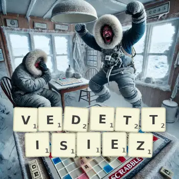 Illustration créative d'un jeu de lettres avec le mot VEDETTISIEZ épelé sur le plateau.