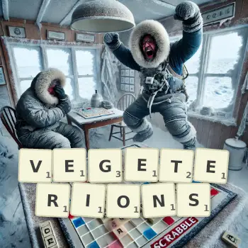 Illustration créative d'un jeu de lettres avec le mot VEGETERIONS épelé sur le plateau.