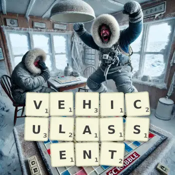 Illustration créative d'un jeu de lettres avec le mot VEHICULASSENT épelé sur le plateau.