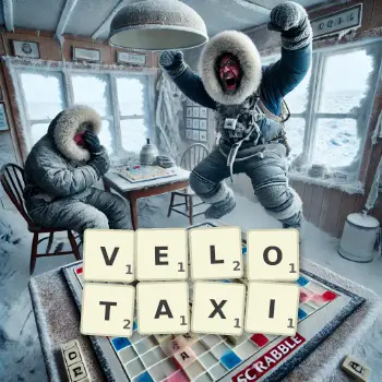 Illustration créative d'un jeu de lettres avec le mot VELOTAXI épelé sur le plateau.