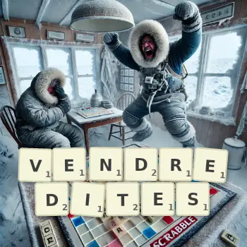 Illustration créative d'un jeu de lettres avec le mot VENDREDITES épelé sur le plateau.