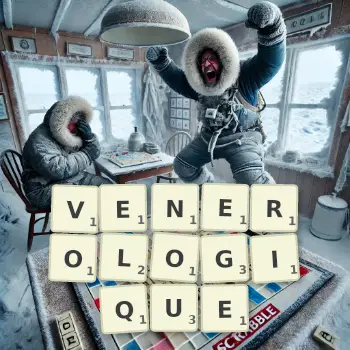 Illustration créative d'un jeu de lettres avec le mot VENEROLOGIQUE épelé sur le plateau.