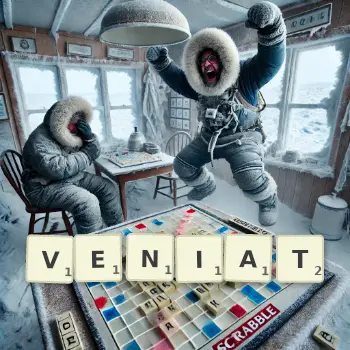 Illustration créative d'un jeu de lettres avec le mot VENIAT épelé sur le plateau.