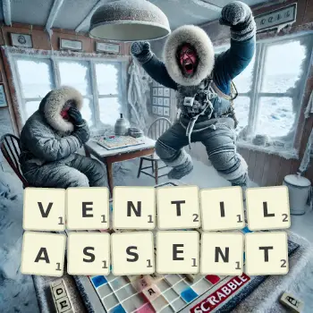 Illustration créative d'un jeu de lettres avec le mot VENTILASSENT épelé sur le plateau.