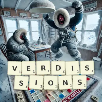 Illustration créative d'un jeu de lettres avec le mot VERDISSIONS épelé sur le plateau.