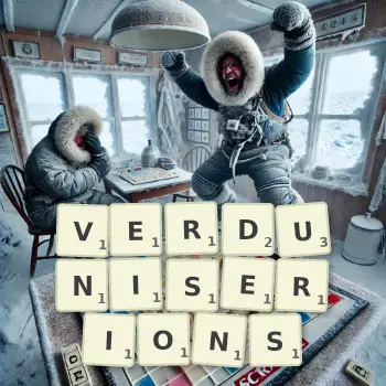 Illustration créative d'un jeu de lettres avec le mot VERDUNISERIONS épelé sur le plateau.