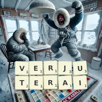 Illustration créative d'un jeu de lettres avec le mot VERJUTERAI épelé sur le plateau.