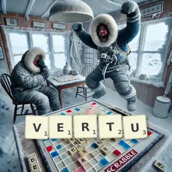 Illustration créative d'un jeu de lettres avec le mot VERTU épelé sur le plateau.