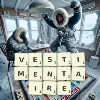 Illustration créative d'un jeu de lettres avec le mot VESTIMENTAIRE épelé sur le plateau.