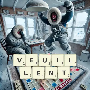 Illustration créative d'un jeu de lettres avec le mot VEUILLENT épelé sur le plateau.