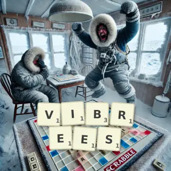 Illustration créative d'un jeu de lettres avec le mot VIBREES épelé sur le plateau.