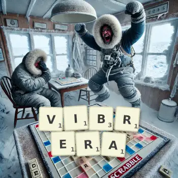Illustration créative d'un jeu de lettres avec le mot VIBRERA épelé sur le plateau.