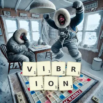 Illustration créative d'un jeu de lettres avec le mot VIBRION épelé sur le plateau.