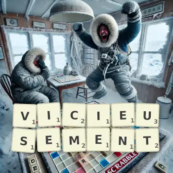 Illustration créative d'un jeu de lettres avec le mot VICIEUSEMENT épelé sur le plateau.
