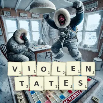 Illustration créative d'un jeu de lettres avec le mot VIOLENTATES épelé sur le plateau.