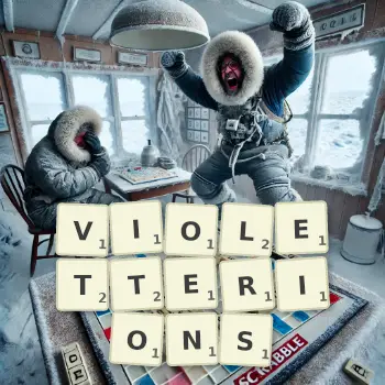 Illustration créative d'un jeu de lettres avec le mot VIOLETTERIONS épelé sur le plateau.