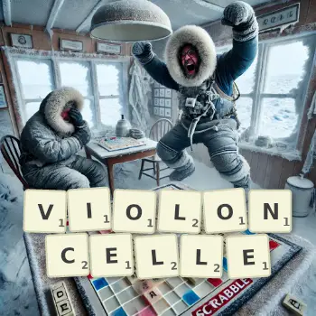Illustration créative d'un jeu de lettres avec le mot VIOLONCELLE épelé sur le plateau.