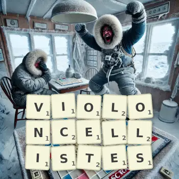 Illustration créative d'un jeu de lettres avec le mot VIOLONCELLISTES épelé sur le plateau.