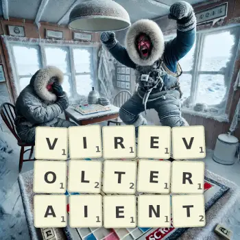 Illustration créative d'un jeu de lettres avec le mot VIREVOLTERAIENT épelé sur le plateau.