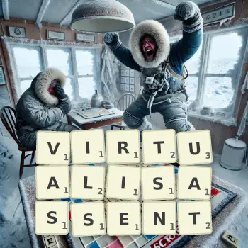 Illustration créative d'un jeu de lettres avec le mot VIRTUALISASSENT épelé sur le plateau.