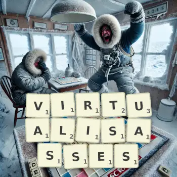 Illustration créative d'un jeu de lettres avec le mot VIRTUALISASSES épelé sur le plateau.