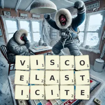 Illustration créative d'un jeu de lettres avec le mot VISCOELASTICITE épelé sur le plateau.