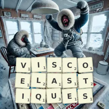 Illustration créative d'un jeu de lettres avec le mot VISCOELASTIQUES épelé sur le plateau.