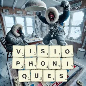 Illustration créative d'un jeu de lettres avec le mot VISIOPHONIQUES épelé sur le plateau.