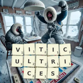 Illustration créative d'un jeu de lettres avec le mot VITICULTRICES épelé sur le plateau.