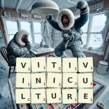 Illustration créative d'un jeu de lettres avec le mot VITIVINICULTURE épelé sur le plateau.