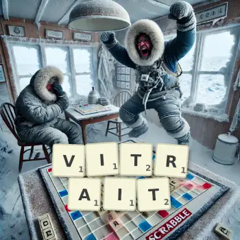 Illustration créative d'un jeu de lettres avec le mot VITRAIT épelé sur le plateau.