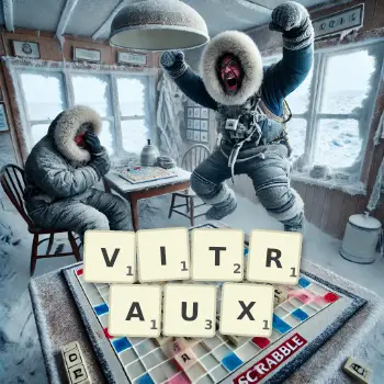 Illustration créative d'un jeu de lettres avec le mot VITRAUX épelé sur le plateau.