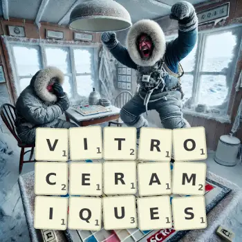 Illustration créative d'un jeu de lettres avec le mot VITROCERAMIQUES épelé sur le plateau.