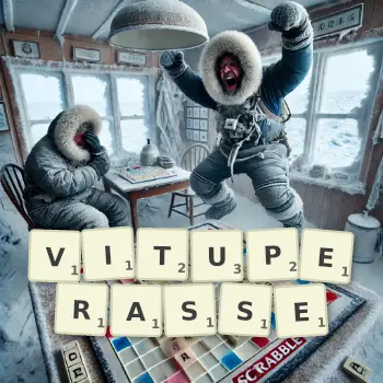 Illustration créative d'un jeu de lettres avec le mot VITUPERASSE épelé sur le plateau.