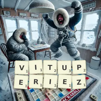 Illustration créative d'un jeu de lettres avec le mot VITUPERIEZ épelé sur le plateau.