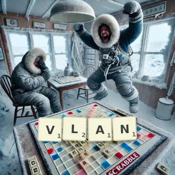 Illustration créative d'un jeu de lettres avec le mot VLAN épelé sur le plateau.