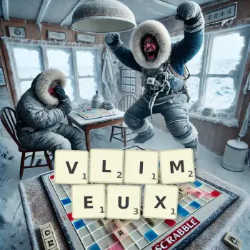 Illustration créative d'un jeu de lettres avec le mot VLIMEUX épelé sur le plateau.