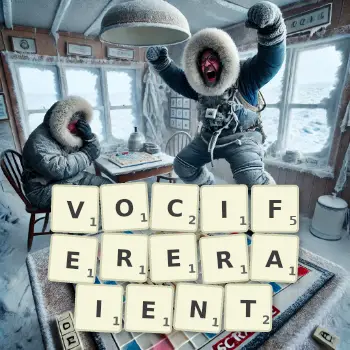 Illustration créative d'un jeu de lettres avec le mot VOCIFERERAIENT épelé sur le plateau.