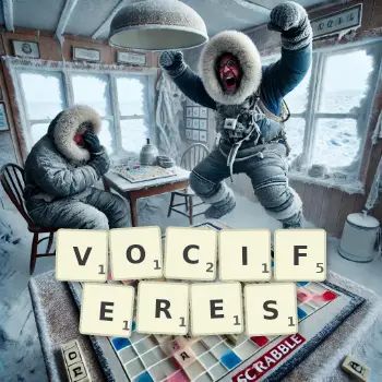 Illustration créative d'un jeu de lettres avec le mot VOCIFERES épelé sur le plateau.