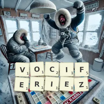 Illustration créative d'un jeu de lettres avec le mot VOCIFERIEZ épelé sur le plateau.